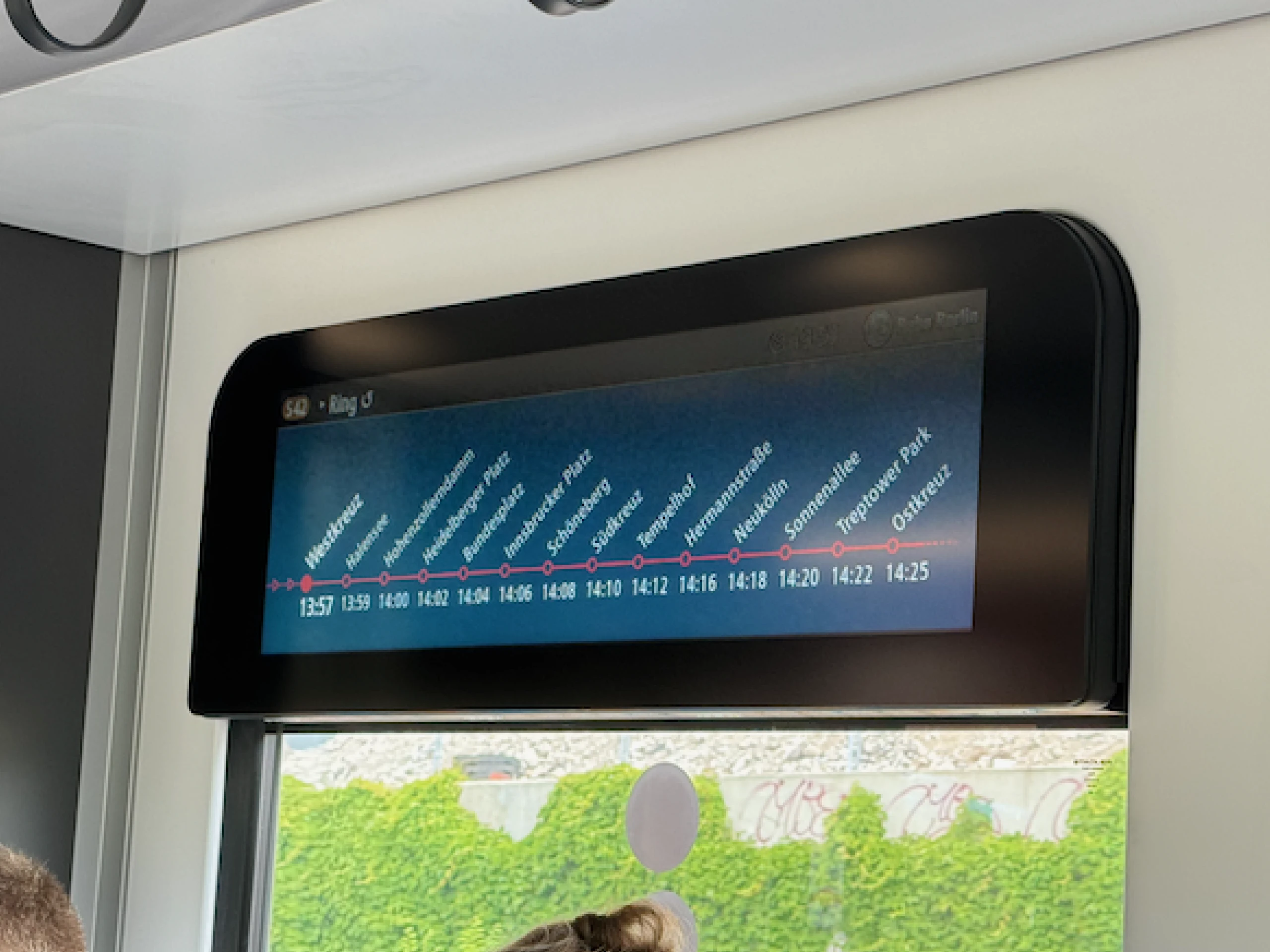 Real-time on-board displays show stops and expected times of arrival.