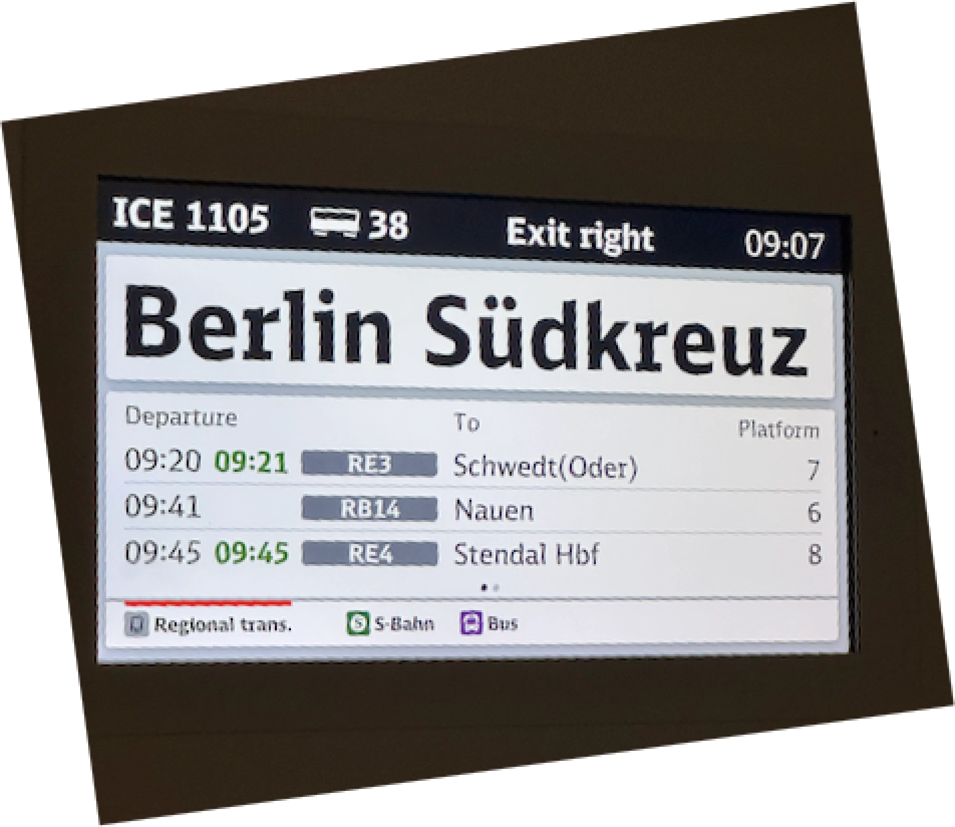 Informational display within my cabin showing current information about the journey, and connecting trips.